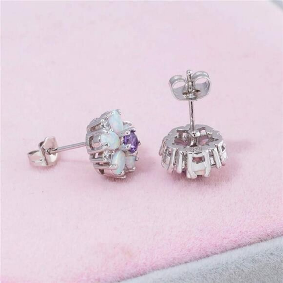 Opal Flower Stud Earrings Sterling Silver Cute Jewelry Gift for Women Girls - Picture 6 of 7